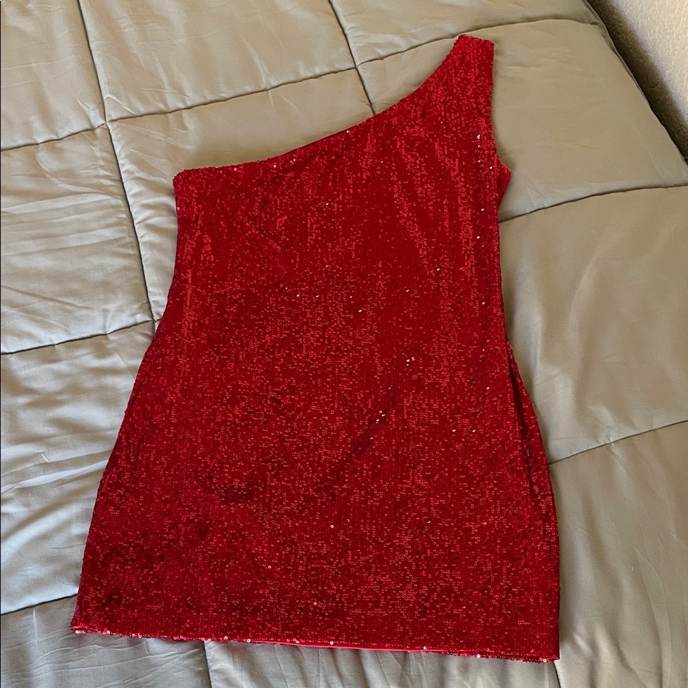 Red Sequin One Shoulder Cocktail Dress